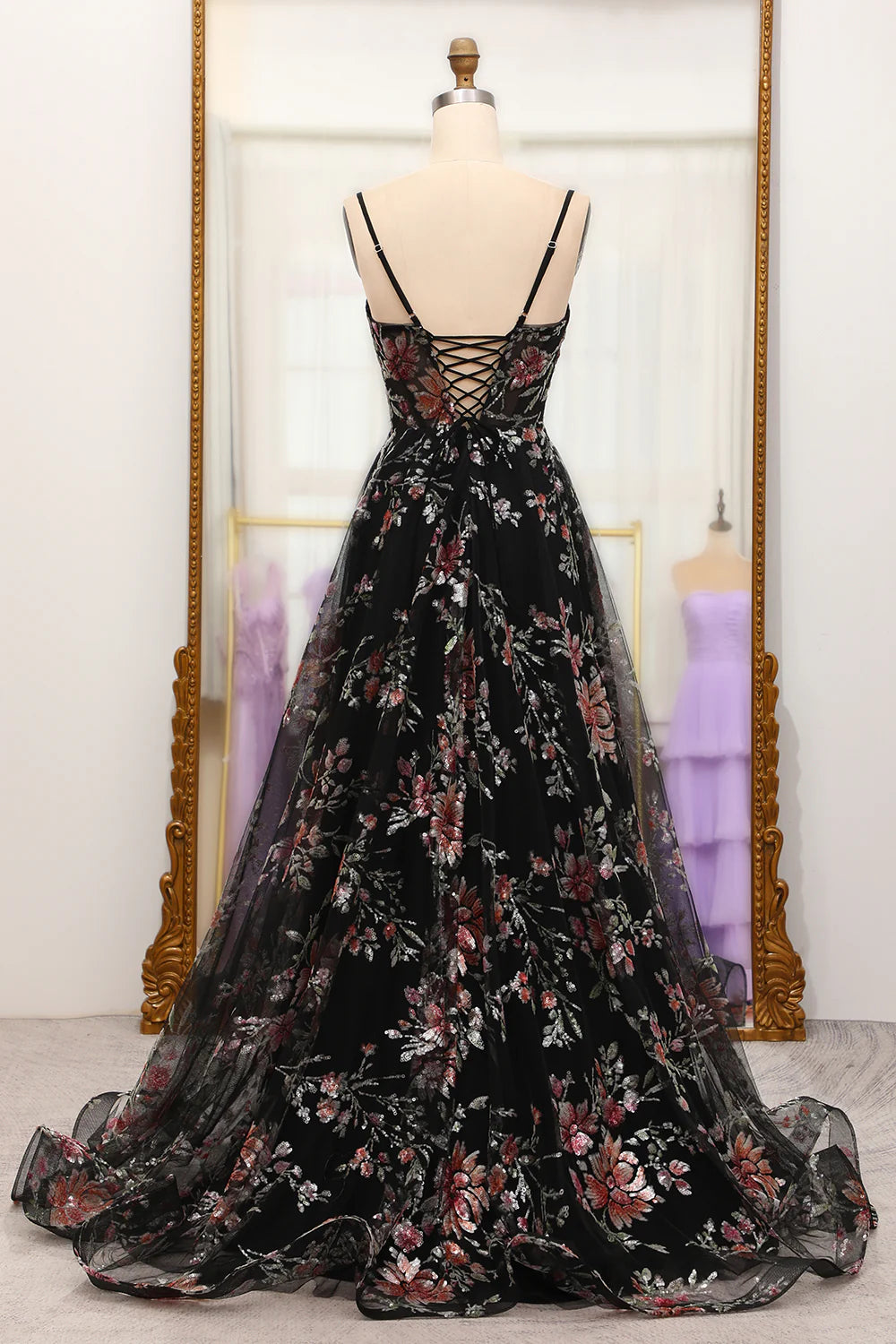 Luolandi A Line Black Floral Spaghetti Straps Printed Long Prom Dress With Flowers Beautiful